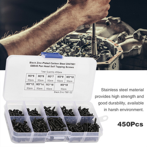 Juego De 450 Tornillos Autorroscantes Negros M3 Con Cabeza P
