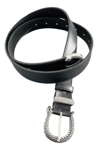 Cinturón Hebilla Serpiente Textura Plateada Vegano Dama Negro 70-103cm