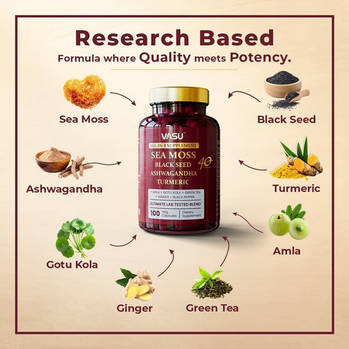 Vasu Sea Moss Musgo Marino 100 Caps + Ashwagandha + Jengibre Sin Sabor