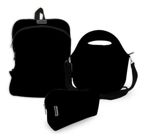 Kit Escolar Com Mochila + Lancheira + Estojo Preto Neoprene