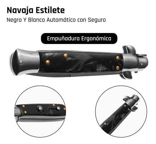 Navaja Estilete Con Boton Automático Cuchillo Acero Razor Negro Y Plateado