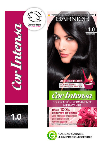 Kit Tinta, Oxidante Cor Intensa  Aceite de flores Kit Coloración Permnente Hidratante Garnier Cor Intensa tono 1.0 negro intenso 20Vol. para cabello