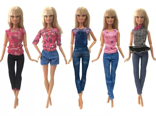 Kit Atacado 5 Casual Roupas + 5 Sapatos P/ Boneca Barbie