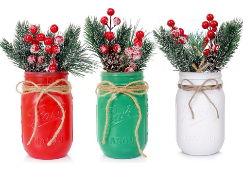 Centro De Mesa De Navidad De Tres Tarros Rojo Verde Blanco