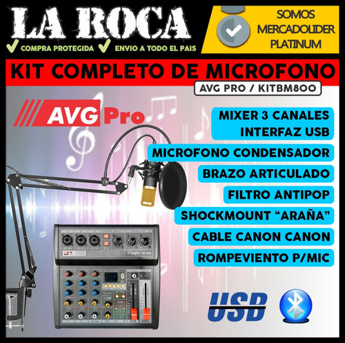 Combo Mixer Usb 3 Canales Microfono Condenser Accesorios Cuo
