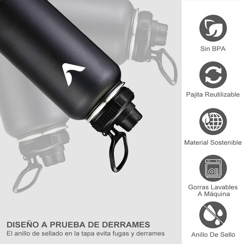 Termo De Acero Inoxidable, Termo De Agua Con 2 Tapas Negro