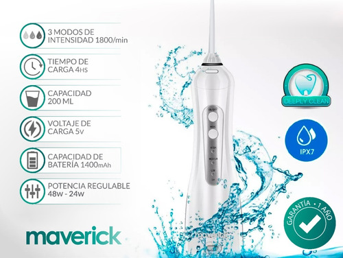 Imagen 2 de 10 de Ducha Bucal Irrigador Dental Maverick Blanqueamiento 1400mah
