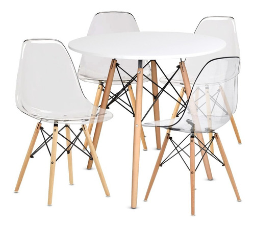 Comedor Moderno Eames Mesa Madera + 4 Sillas Transparentes