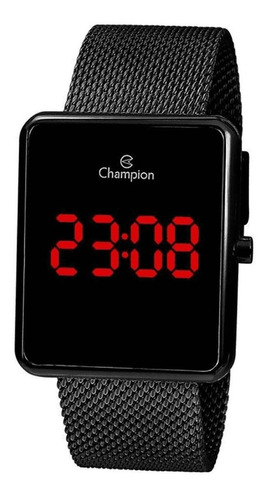 Relógio de pulso Champion Digital CH40080 com corpo preto,  digital, para feminino, fundo  preto, com correia de aço cor preto, subdials de cor vermelho, ponteiro de minutos/segundos vermelho, bisel cor preto e fivela de gancho