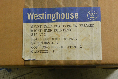 Westinghouse 371d691g07 250 Vdc Shunt Trip For Pa Breake Yym