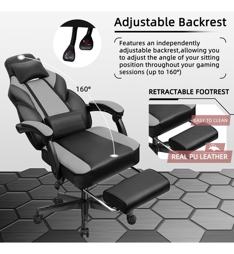 Silla De Videojuegos Con Reposapiés Y Soporte Lumbar Ajustab