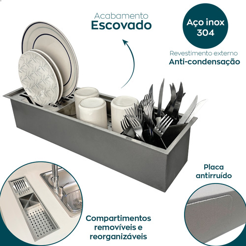 Calha Canal Organizado De Embutir Cuba Cozinha 60cm Inox 304 Inox Fosco