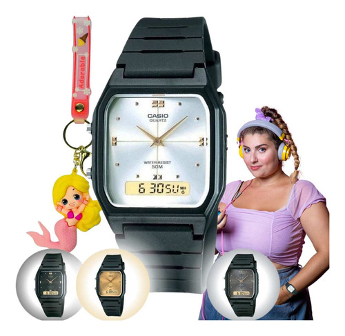Relógio Feminino Casio Digital Analógico Aw-48he + Chaveiro