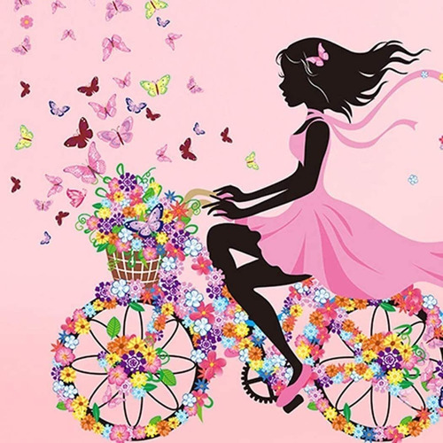 Vinilo Decorativo Mural Chica En Bici Flores Y Mariposas