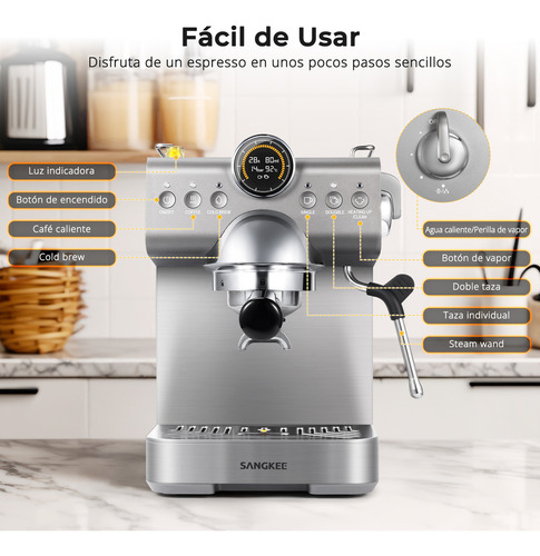 Sangkee Máquina de espresso con Cold Brew, Cafetera Espresso Profesional con Varilla de Vapor para Espumar Leche para Lattes y Capuchinos, Máquina de Café Espresso con Pantalla LED (Acero Inoxidable)
