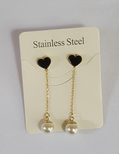 Aretes Largos De Acero Inoxidable Corazón Negro Perla Cadena (Usado)