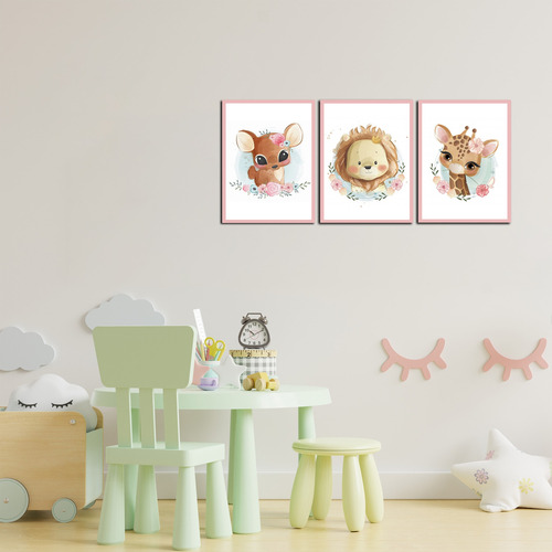Imagen 3 de 3 de Triptico Cuadros Niños 40x30 Cms Set11 Venado Jirafa Leon