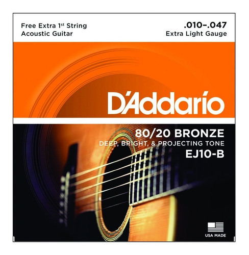 Encordoamento Daddario Violão Aço Bronze Ej10-b 010 Mi Extra