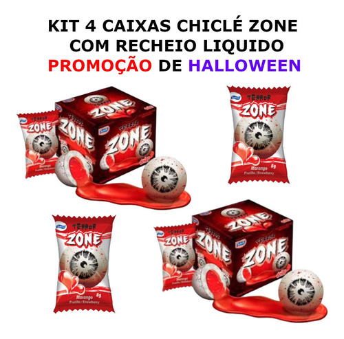 Kit 4 Caixas Chicle Zone Olhos Do Terror Recheio Morango 40