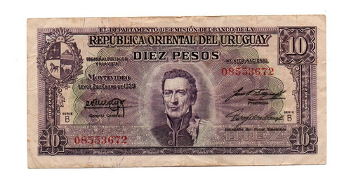 Uruguay Billete 10 Pesos Moneda Nacional Año 1939 P#37b