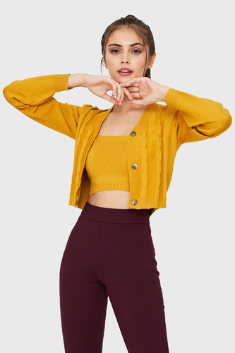 Cárdigan Crop Trenzado Mostaza Nicopoly