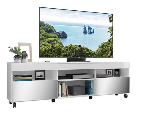 Rack Tv 65  C/ Rodízios  E 2 Portas Paris Multimóveis V3330 Cor Branco