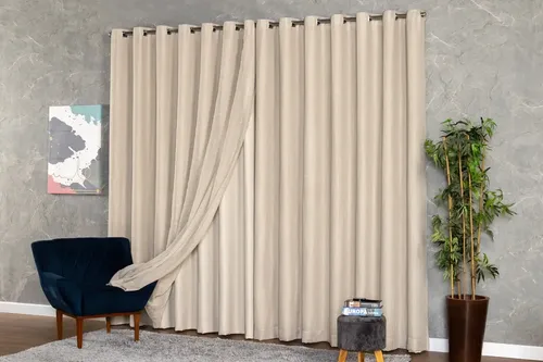 Cortina Voil Linho Forro Microfibra Alto Padrão 5,60x1,30 Cor Linho Natural