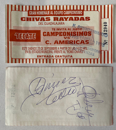 Autografo Tigre Sepulveda Y Jaime Tubo Gomez Boleto Chivas (Usado)