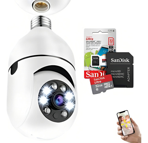 Câmera Lâmpada+cartão Com Sensor Movimento Visão Noturna Cor Branco