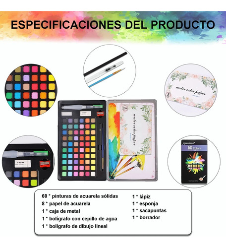 Set De Arte Acuarelas Profesional Kit Dibujo 60 Coloes C