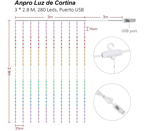 Cortina De Luces Decorativas 8 Modos 3 X 2.8m Multicolor Usb