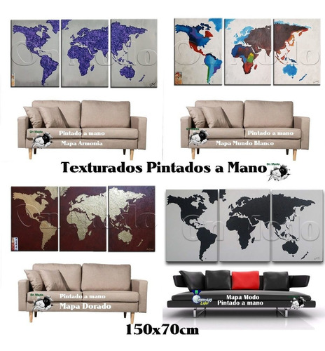 Cuadros Mapa Tripticos Decorativos Mapamundi Planisferio Atlas Texturados Pintados A Mano