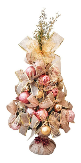 Árvore De Natal Rosa E Dourado Decorada Pronta P Uso 70cm