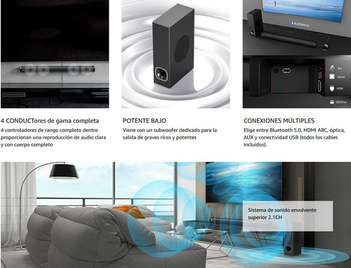 Imagen 4 de 10 de Barra De Sonido + Subwoofer 2.1 Bluetooth 5.0 Hdmi Usb 160w