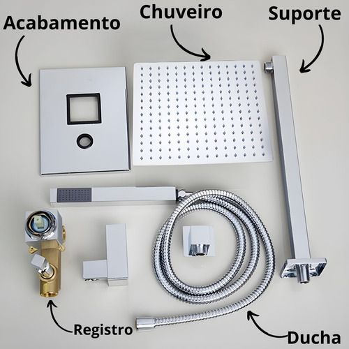 Chuveiro Quadrado Prata 30cm Monocomando C/ Duchinha