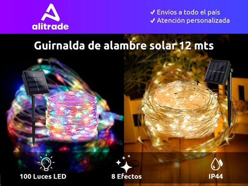 Imagen 2 de 10 de Luz Led Guirnalda Alambre Ext/ Int Efectos Calida Solar 12m
