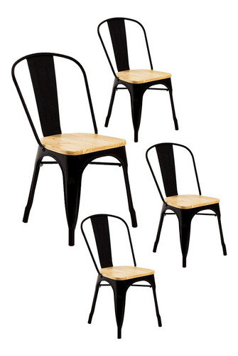 Pack 4 Silla Tolix Negra Matte Base Madera Casino Restaurant