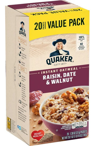 Quaker 20 Pack Avena Instantánea Raisin, Date & Walnuts