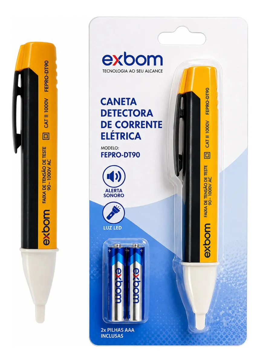 Caneta Detectora de Tensão Exbom FEPRO-DT90 1000V Luminoso Sonoro lanterna alerta por aproximação