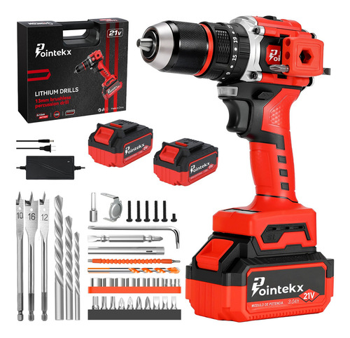 Pointekx Taladro Rotomartillo Inalámbrico 1/2'' Motor Sin Escobillas ,130 Nm,Ajuste De Par De 35+3,2 Baterías De 3.0ah, Con Accesorio De Golpeo, Se Puede Utilizar Como Martillo.
