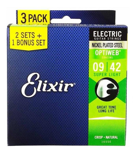Encordoamento Elixir Guitarra Super Light Optiweb Pack 3 Set