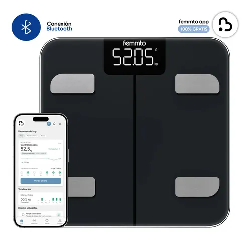 Balanza Digital con Bluetooth Femmto BCS15 para Baño Medidor de Grasa Corporal y Masa Muscular