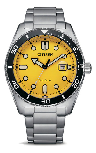 Reloj Citizen AW176081z Eco-drive Sports para hombre, 43 mm, correa, color plateado y bisel, color negro, color de fondo amarillo