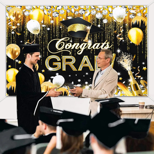 1 Pieza 150×100cm Graduación Telón de Fondo Negro y Dorado 2025 Decoración de Fiesta de Graduación