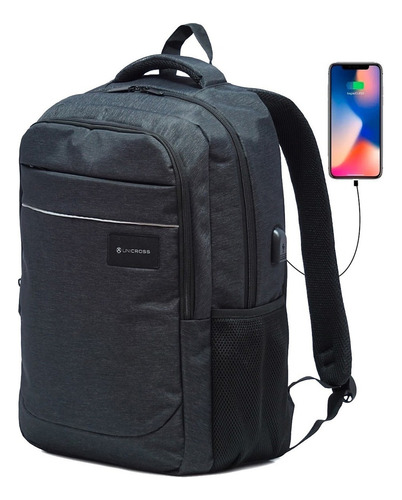 Mochila Porta Notebook 17' Tablet Usb Acolchada Smart Urbana Color Gris Oscuro Diseño De La Tela Liso