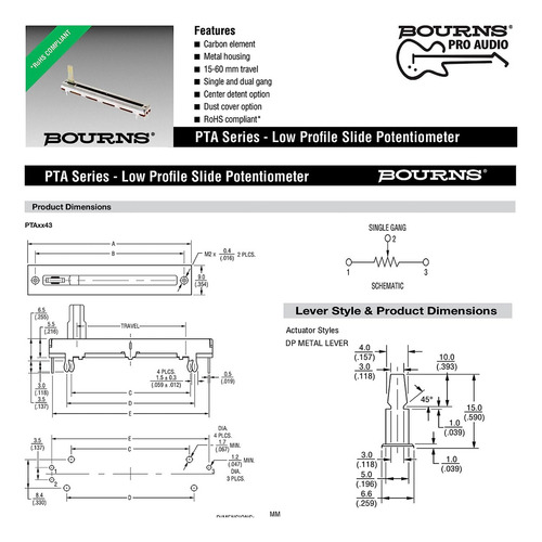 Bourns Potenciómetro Deslizante De 10 K Ohmios, Eje De 15 Mm