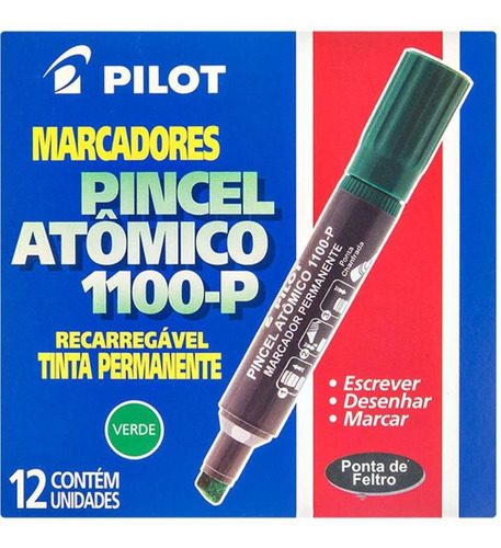 Caixa Com 12 Pincel Atomico 1100p Verde Recarregavel Pilot