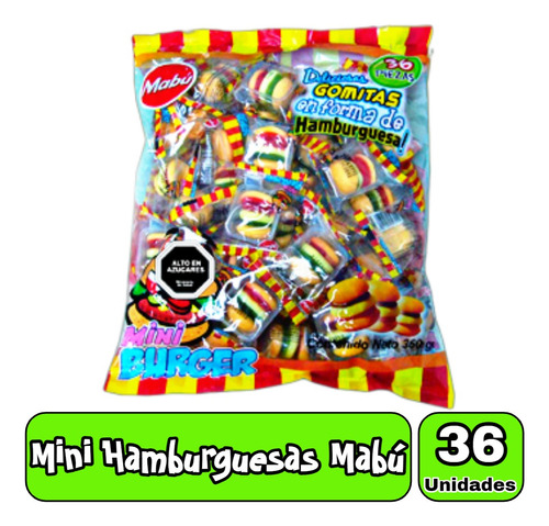 Bolsa 36 Gomitas Mini Hamburguesa Mabú Cumpleaños