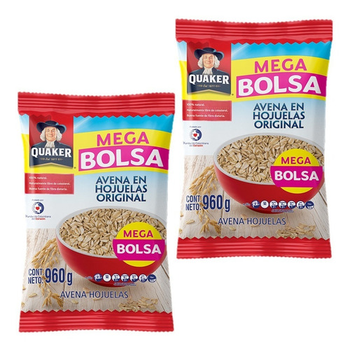 Imagen 2 de 2 de Avena Quaker En Hojuelas Original 960 Gr X2 Uds