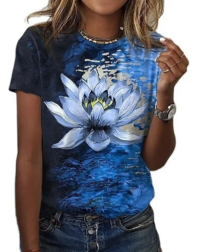 Camiseta Suelta Con Estampado Floral De Mujer Escote Redondo